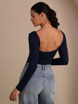 [Dark Blue] SilkSilky-AU Long Sleeve U Neck Women's T-Shirt 002