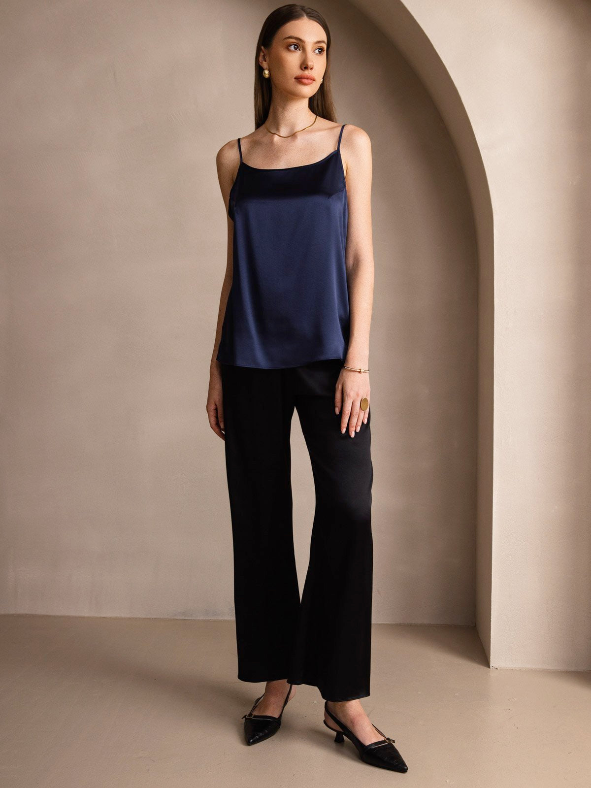 [Dark Blue] SilkSilky-AU 19Momme Silk Spaghetti Strap Round Neck Camisole 006