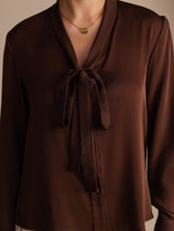 [Bitter Chocolate] SilkSilky-AU Long Sleeve Tie Neck Women's Blouse 004