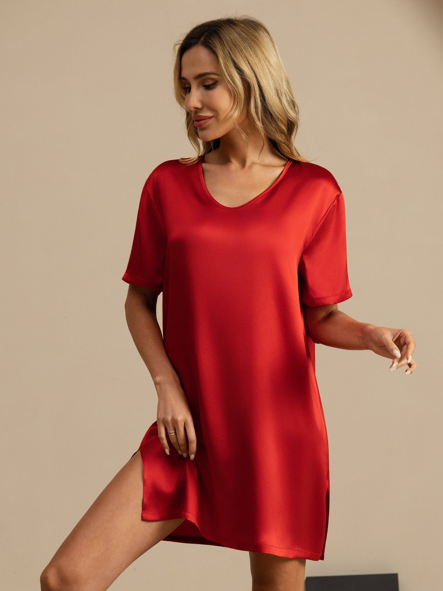 [Wine] SilkSilky-AU Half Sleeve V Neck Nightgown 004