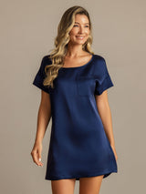 [Dark Blue] SilkSilky-AU 19Momme Machine-Washable Silk Short Sleeve Round Neck Nightgown 003