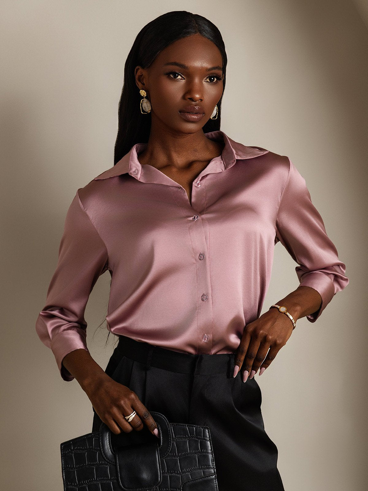 SilkSilky-AU 19Momme Silk Long Sleeve Lapel Women's Shirt PaleMauve 003