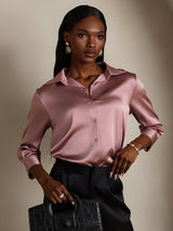 [Pale Mauve] SilkSilky-AU 19Momme Stretch Silk Charmeuse 3/4 Sleeve Lapel Collar Women's Shirt 003