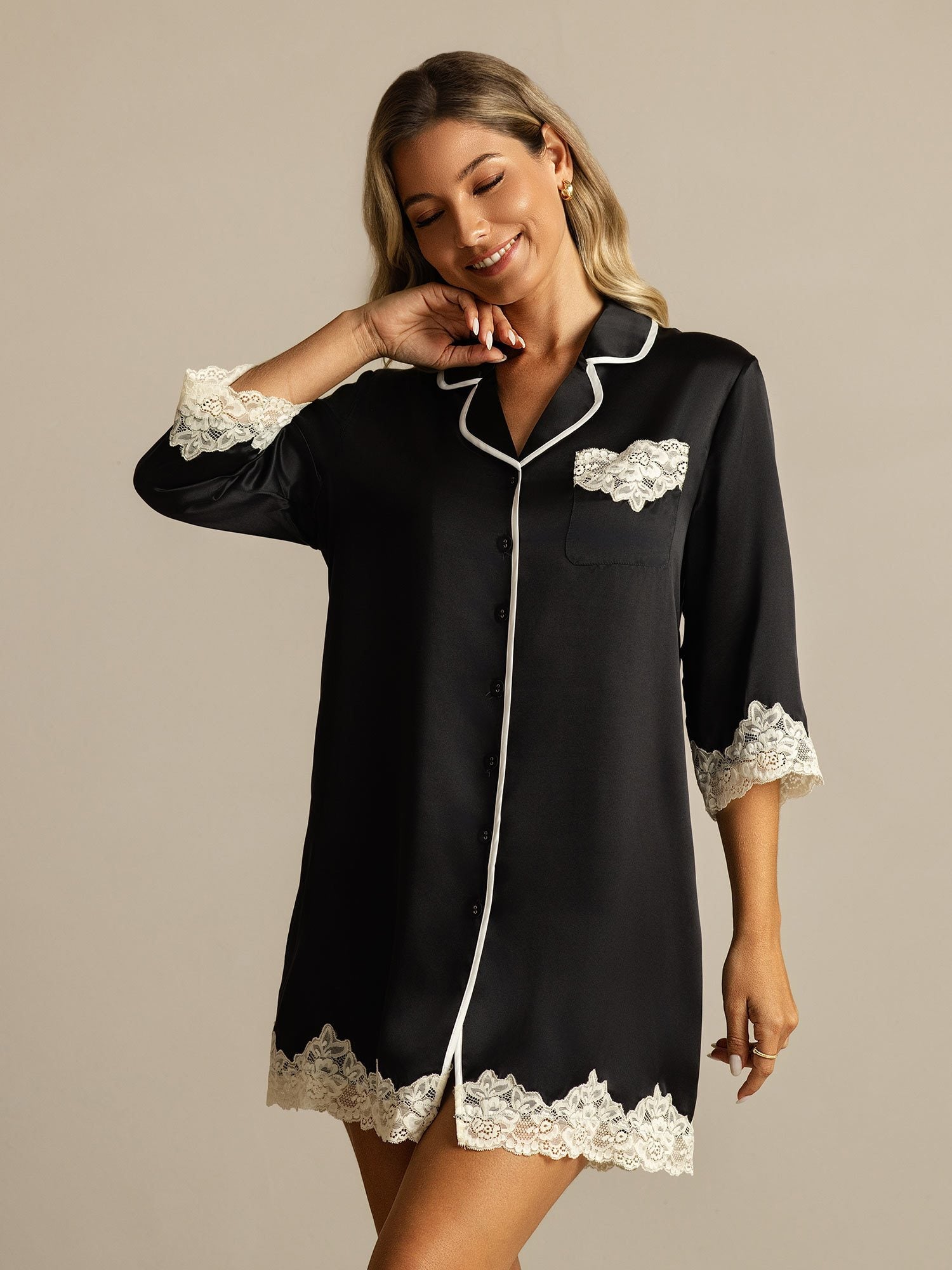 [Black] SilkSilky-AU Pure Silk Lapel Collar Nightshirt 001