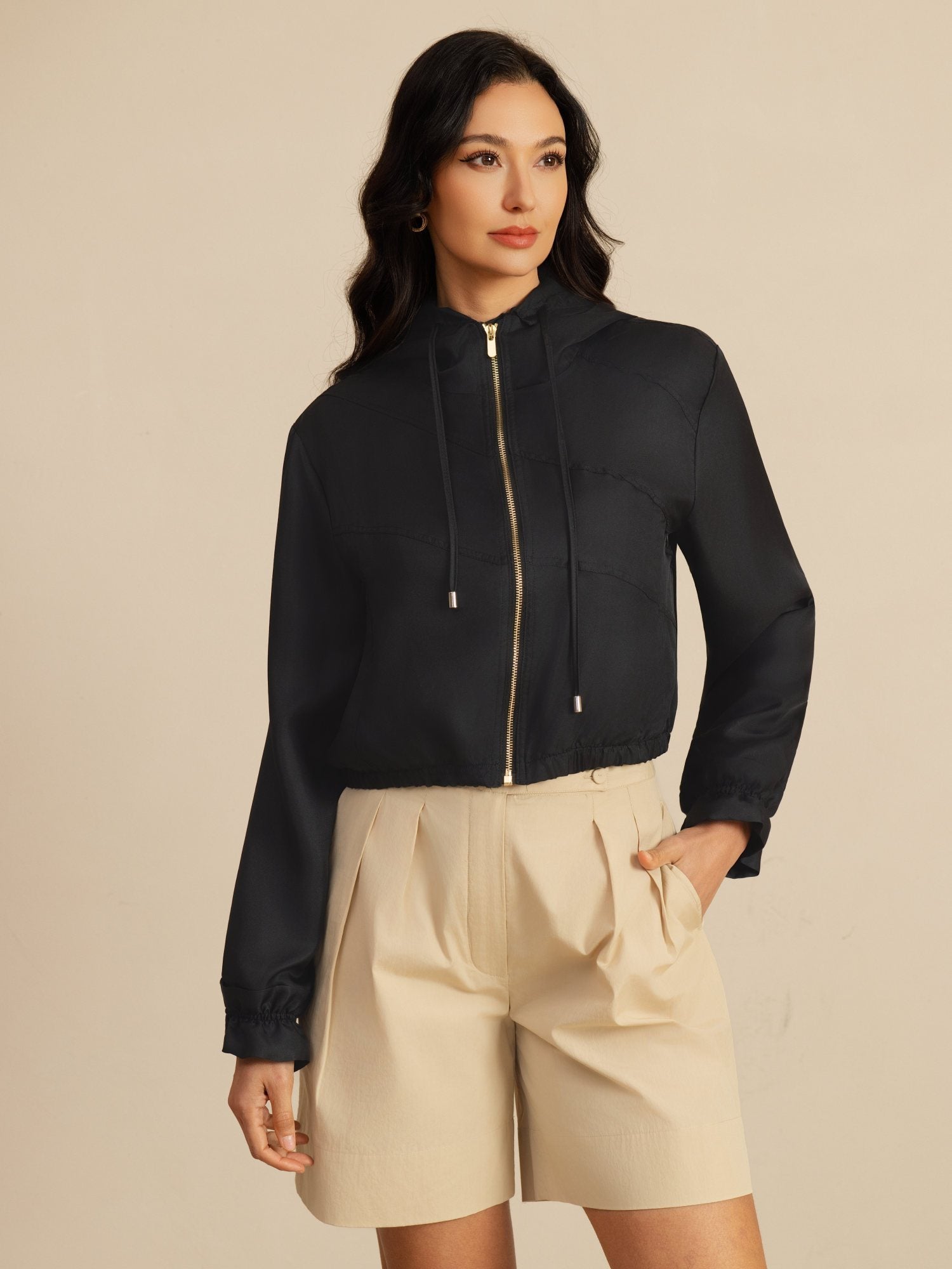 [Black] SilkSilky-AU 18Momme Silk Satin Surah Long Sleeve High Neck Women's Outerwear 005