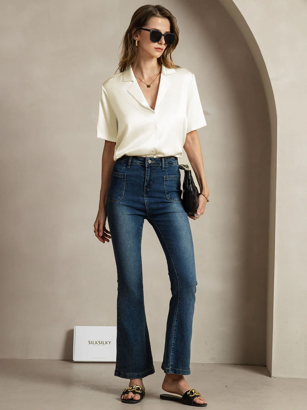 [Ivory] SilkSilky-AU 19Momme Silk Notched Neck Women's Shirt 007