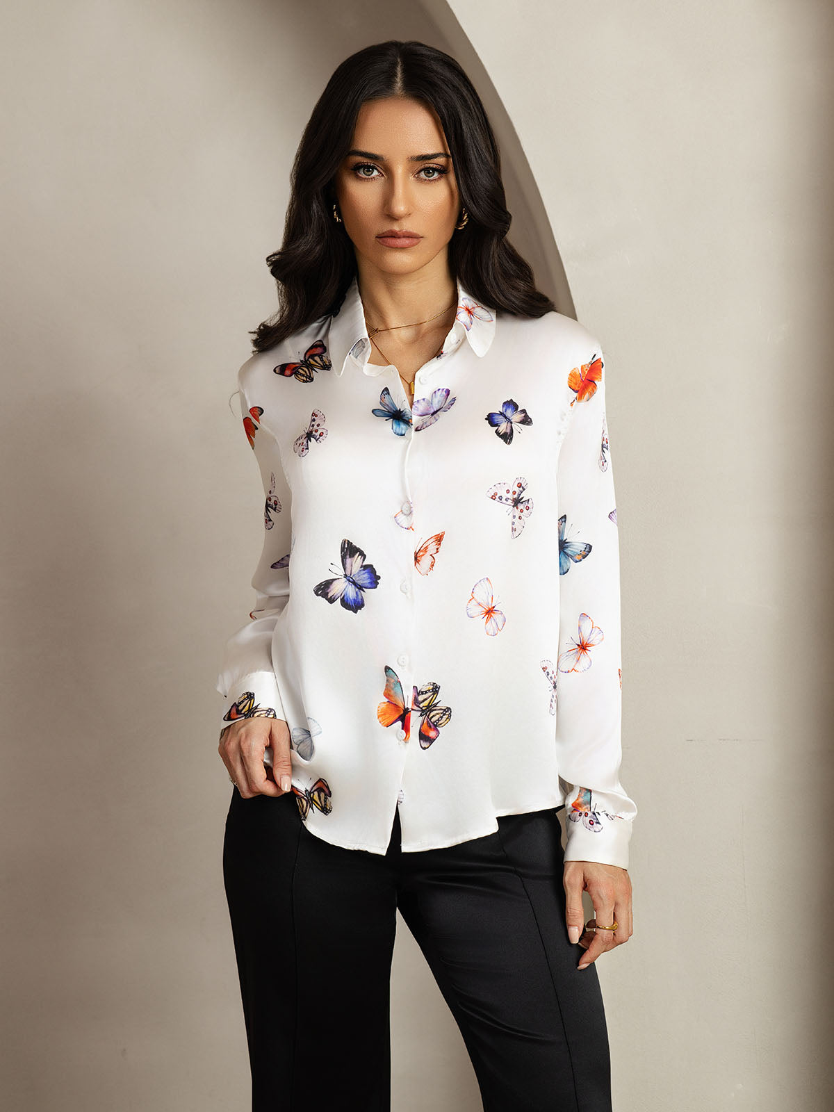 [White Butterfly] SilkSilky-AU Silk Long Sleeve Lapel Collar Women's Shirt 001