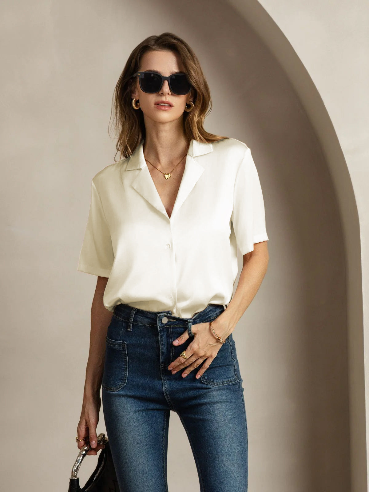 [Ivory] SilkSilky-AU 19Momme Silk Notched Neck Women's Shirt 005