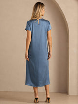 [Real Teal] SilkSilky-AU Short Sleeve Crew Neck Dress 002