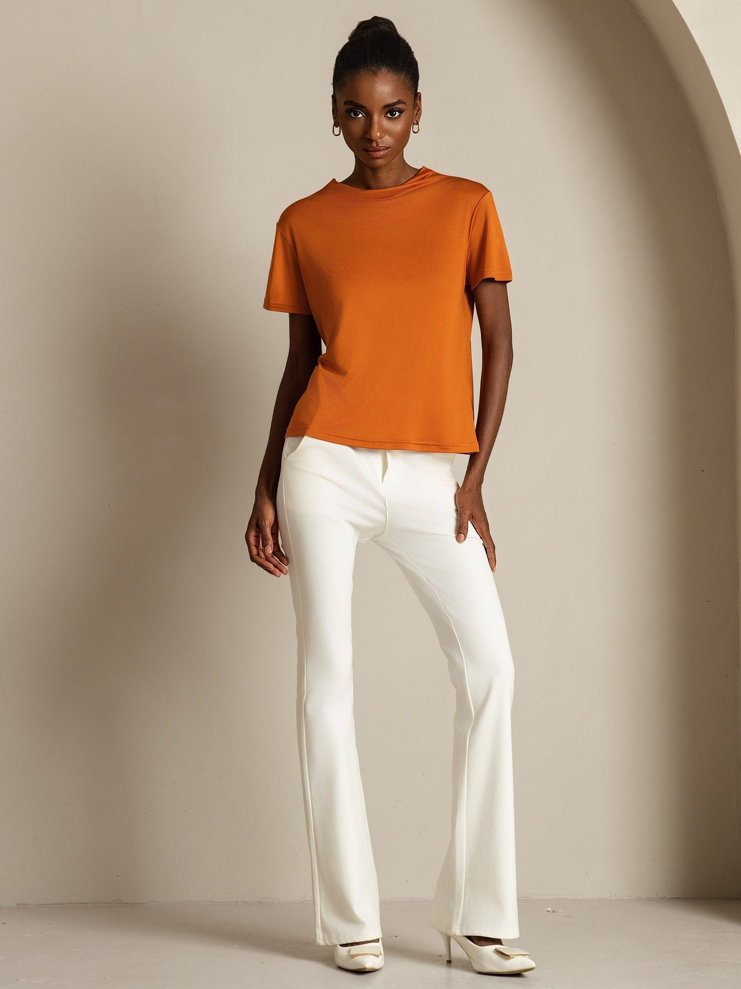 [Orange] SilkSilky-AU Pure Silk Collar Women's T-Shirt 007