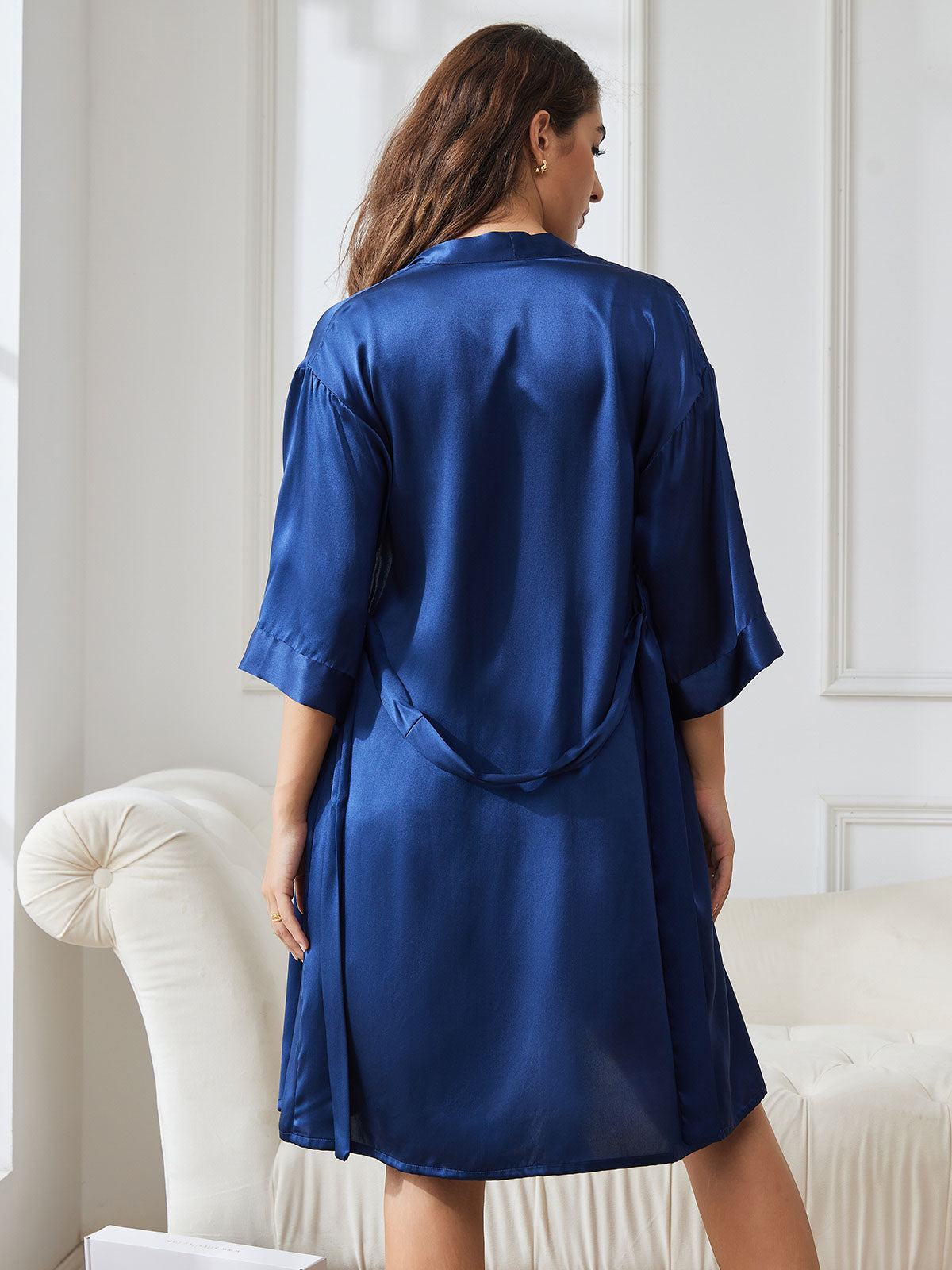 SilkSilky AU Pure Silk 3/4 Sleeve Nightgown&Robe Set DarkBlue 002