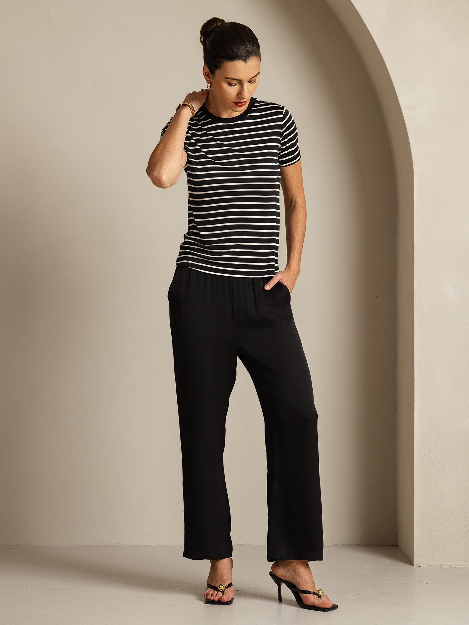 [BlackStripe] SilkSilky-AU Pure Silk Round Neck Women's T-Shirt 007