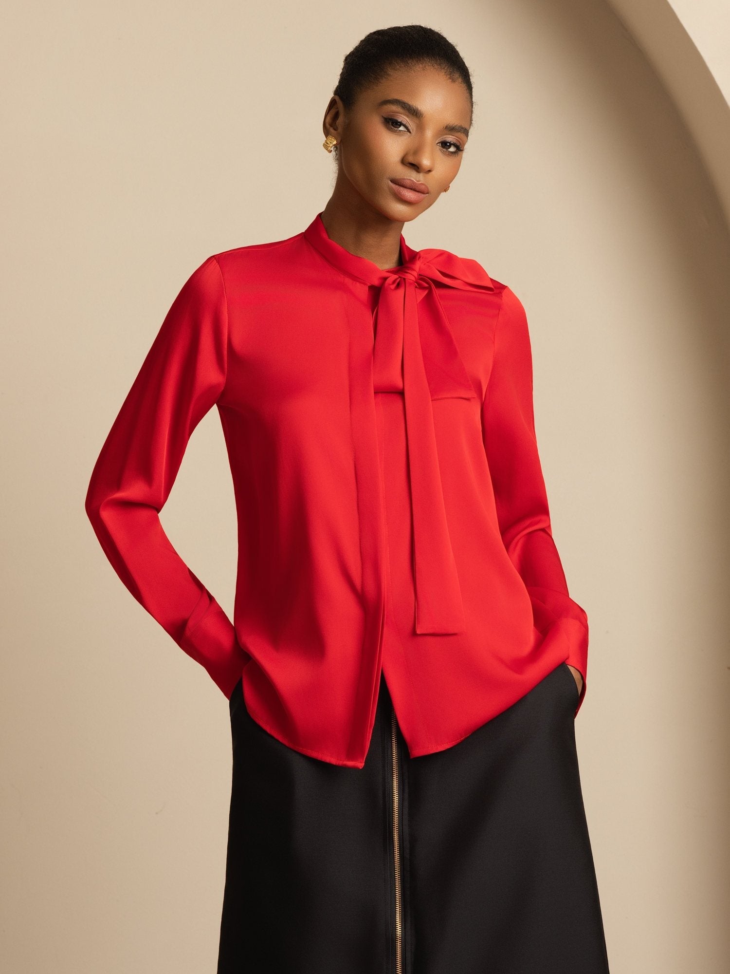 [Wine] SilkSilky-AU 19Momme Silk Long Sleeve Tie Neck Blouse 003