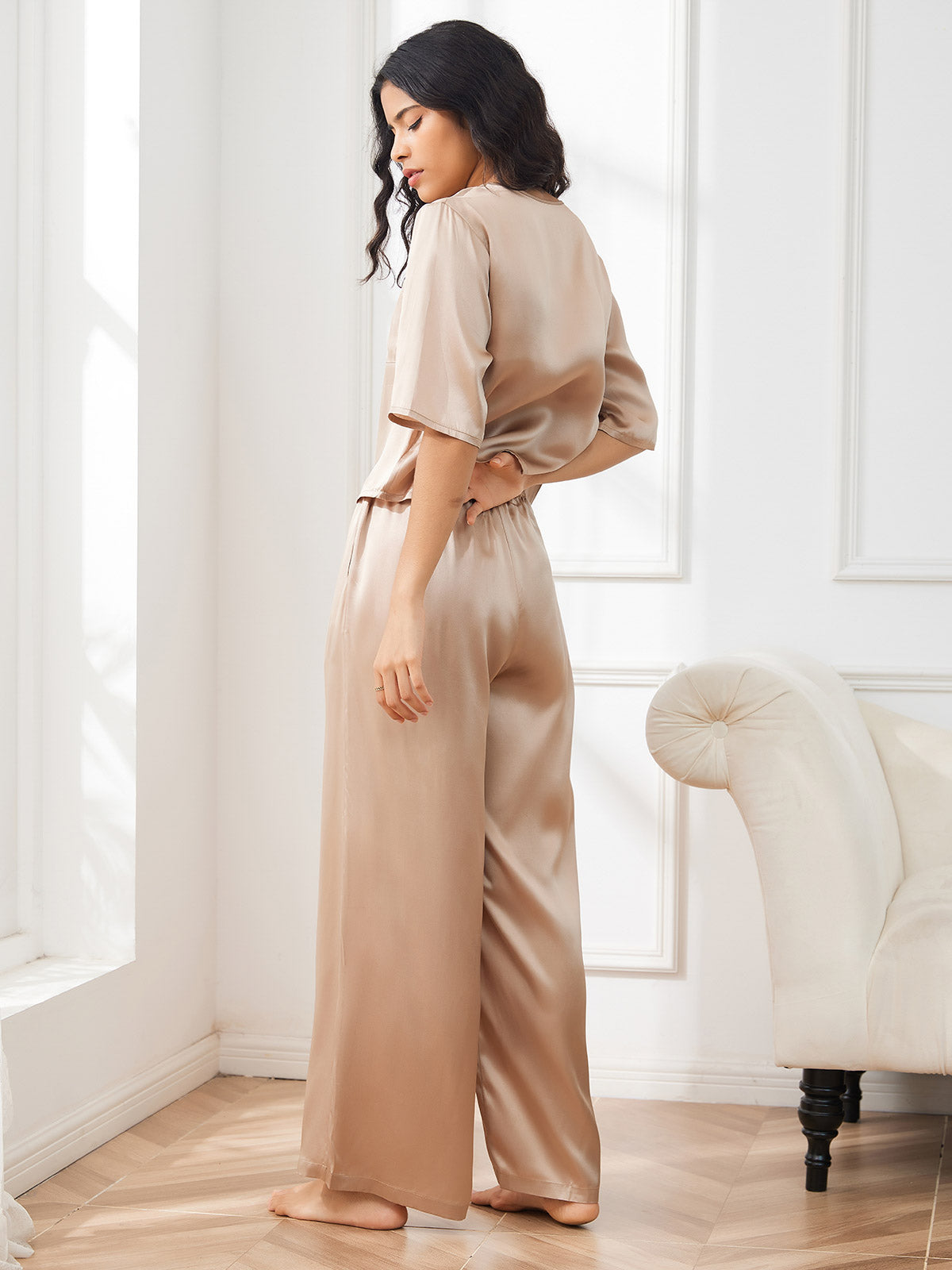 [Champagne] SilkSilky-AU Half Sleeve Round Neck Women's Pyjamas 002