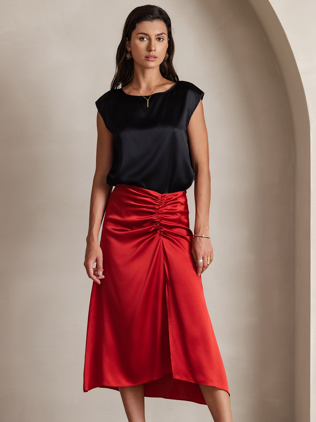 [Black] SilkSilky-AU 19Momme Stretch Silk Charmeuse Cap Sleeve Round Neck Women's T-Shirt 003