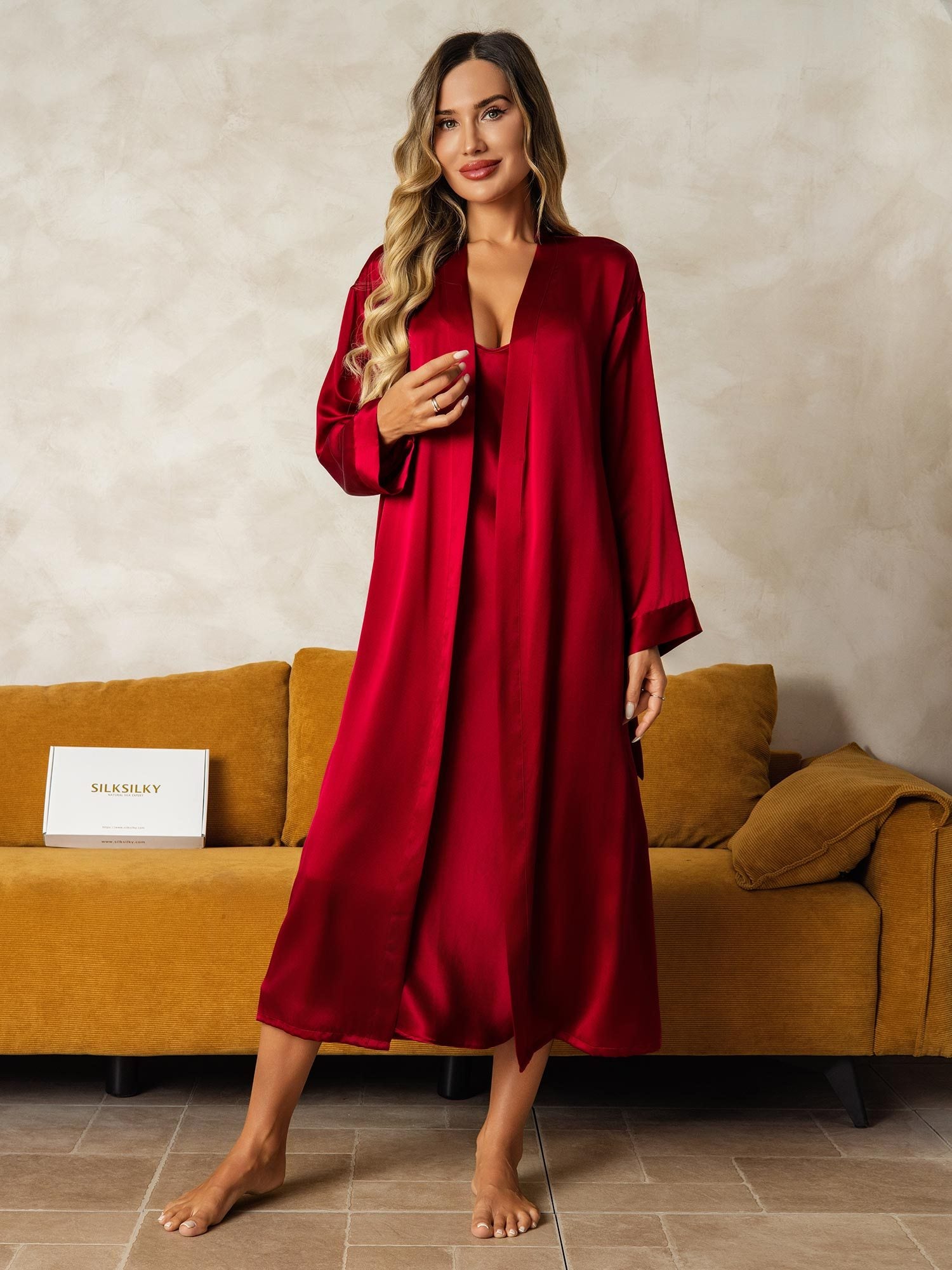 [Wine] SilkSilky-AU Pure Silk V Neck Nightgown&Dressing Gown Set 006