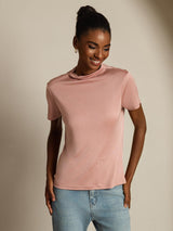 [Pink] SilkSilky-AU 100% Silk Jersey Short Sleeve Mock Neck Women's T-Shirt 003