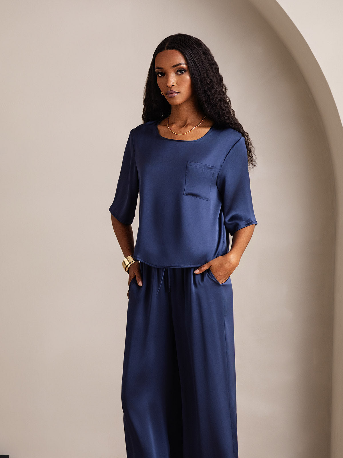[Dark Blue] SilkSilky-AU Half Sleeve Round Neck Women's Pyjamas 003