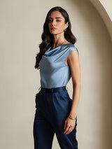 [Grayish Blue] SilkSilky-AU Cap Sleeve Cowl Neck Women's T-Shirt 004