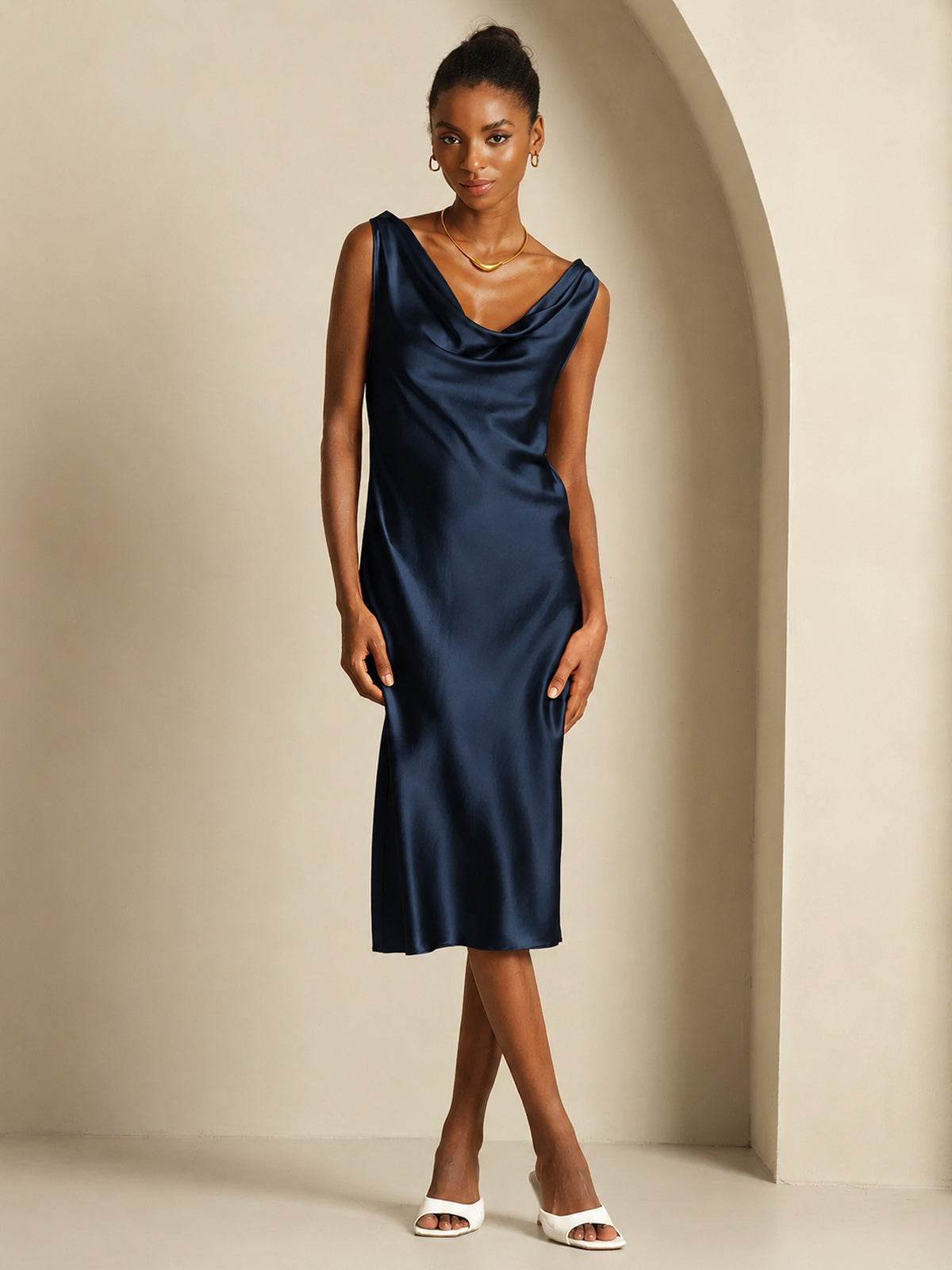 [Dark Blue] SilkSilky-AU Sleeveless Cowl Neck Dress 001