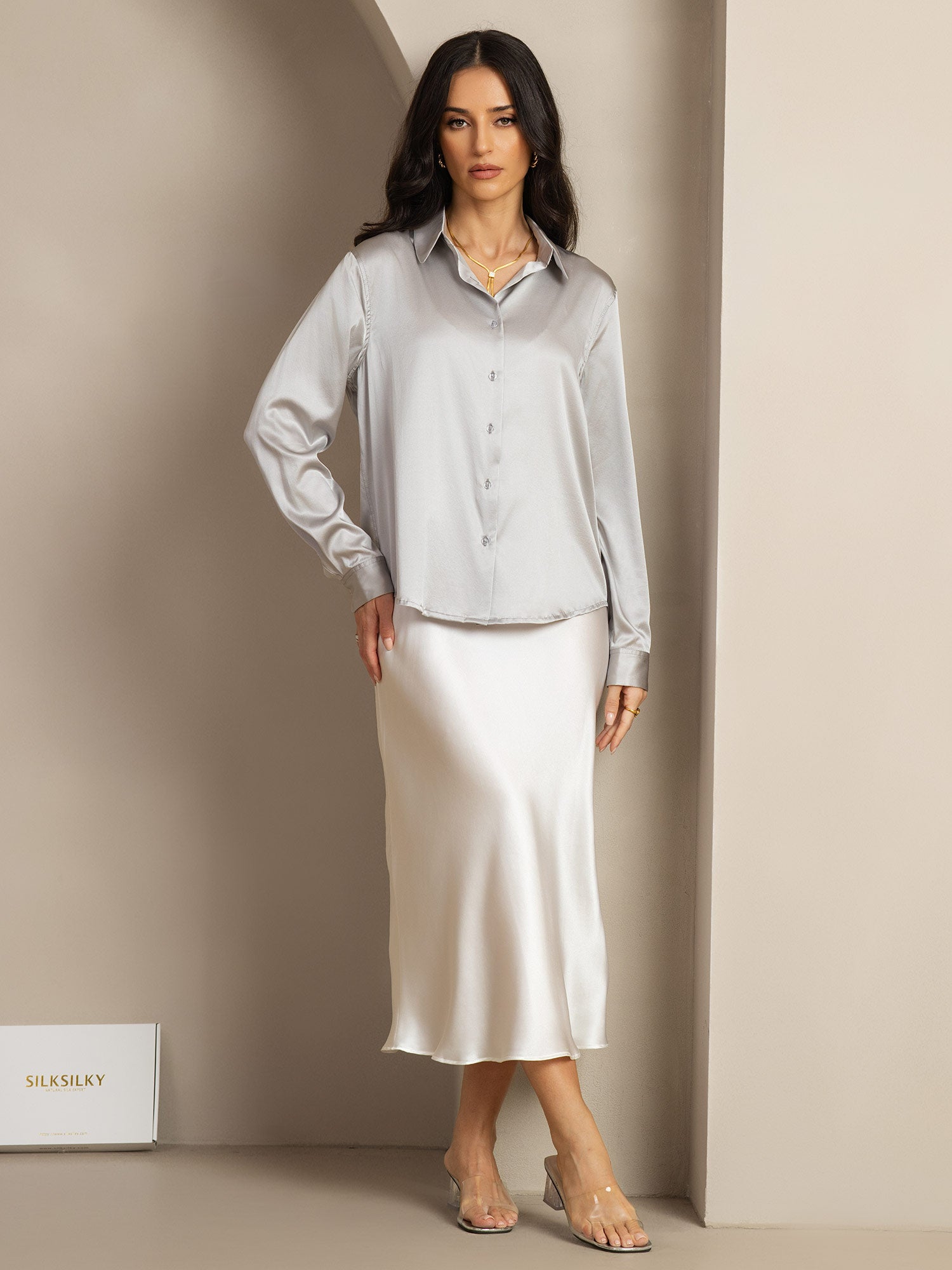 [Light Gray] SilkSilky-AU Silk Lapel Collar Women's Shirt 004