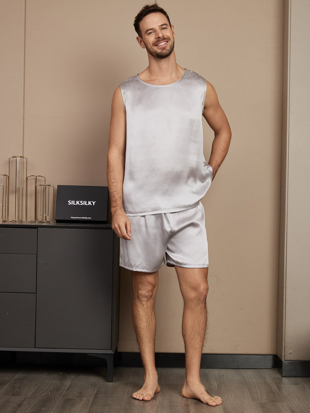 SilkSilky AU Pure Silk Sleeveless Round Neck Men's Pyjamas Silver 004