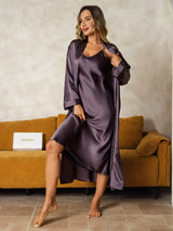 [Purple Gray] SilkSilky-AU Long Sleeve V Neck Nightgown&Dressing Gown Set 009