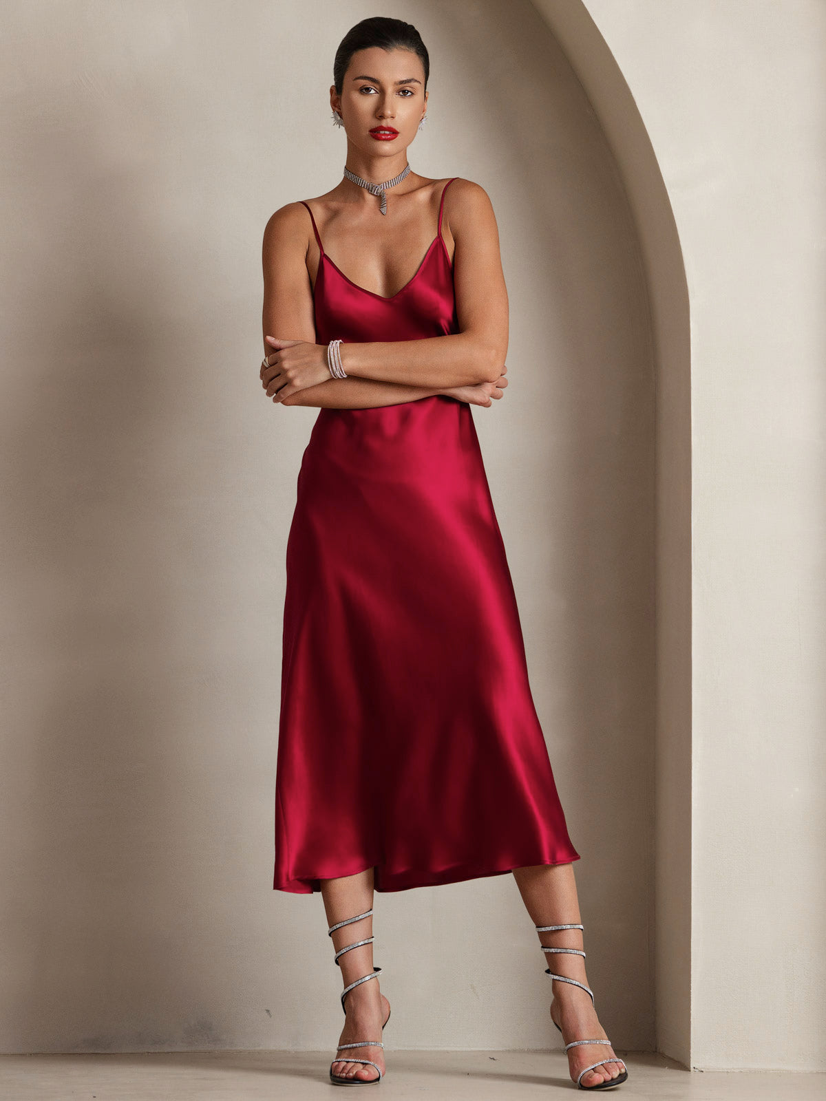 [Wine] SilkSilky-AU Spaghetti Strap V Neck Dress 004