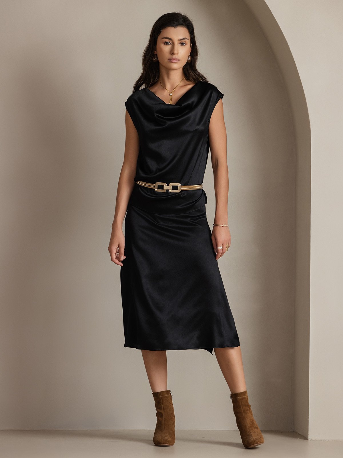 [Black] SilkSilky-AU 19Momme Silk Sleeveless Cowl Neck Women's T-Shirt 001