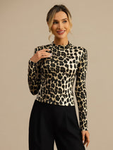 [Leopard] SilkSilky-AU 100% Silk Jersey Long Sleeve Mock Neck Women's T-Shirt 003