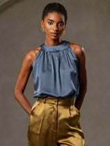 [Real Teal] SilkSilky-AU Sleeveless Halter Women's T-Shirt 001