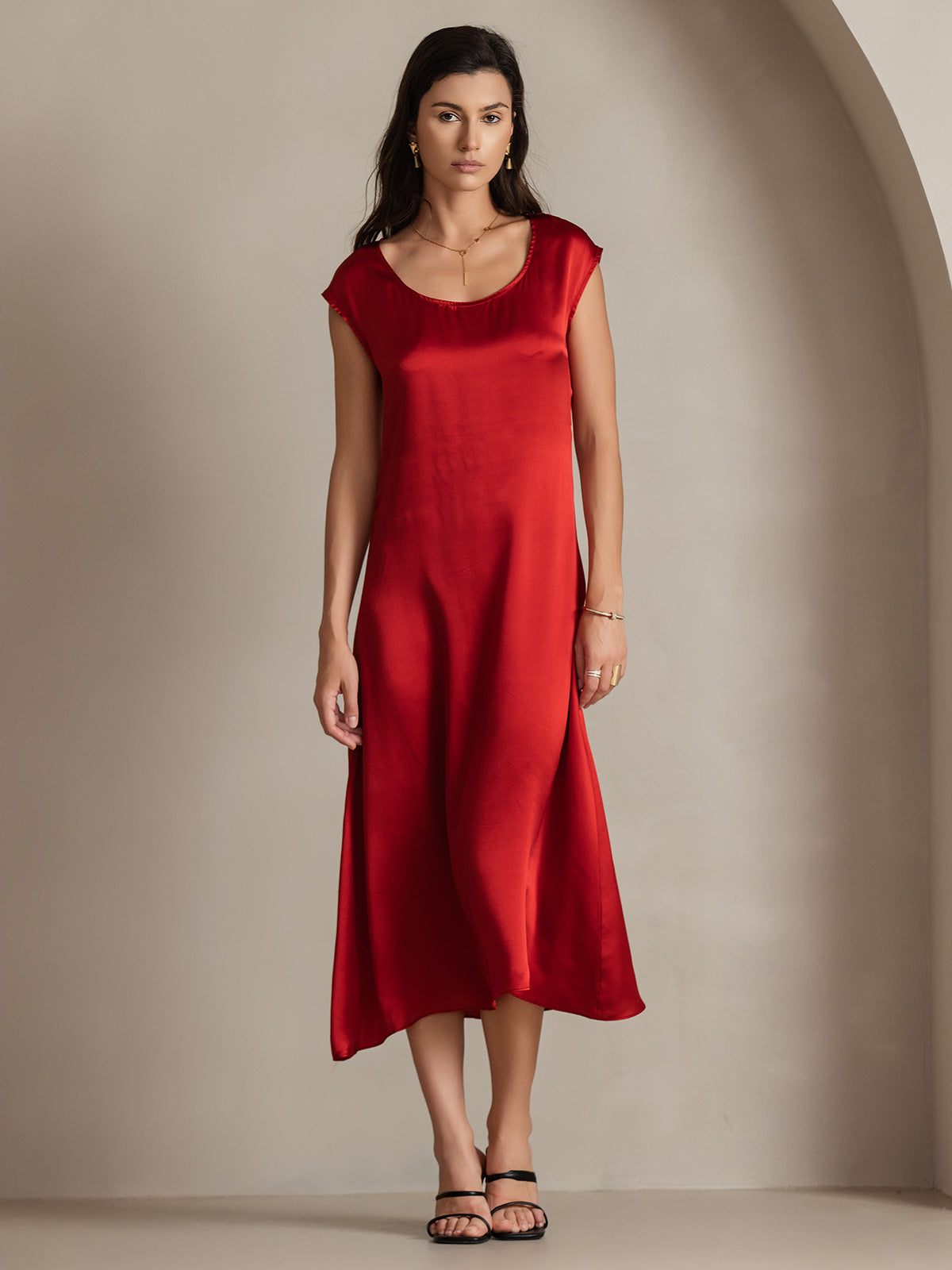 SilkSilky-AU 19Momme Silk Sleeveless Round Neck Dress Wine 003