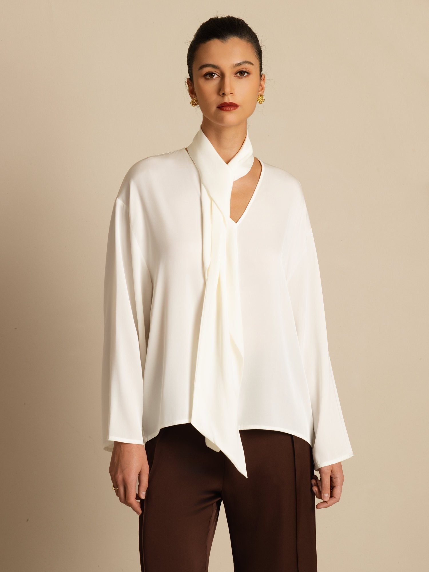 [White] SilkSilky-AU 19Momme Stretch Silk Double Georgette Long Sleeve V Neck Blouse 003
