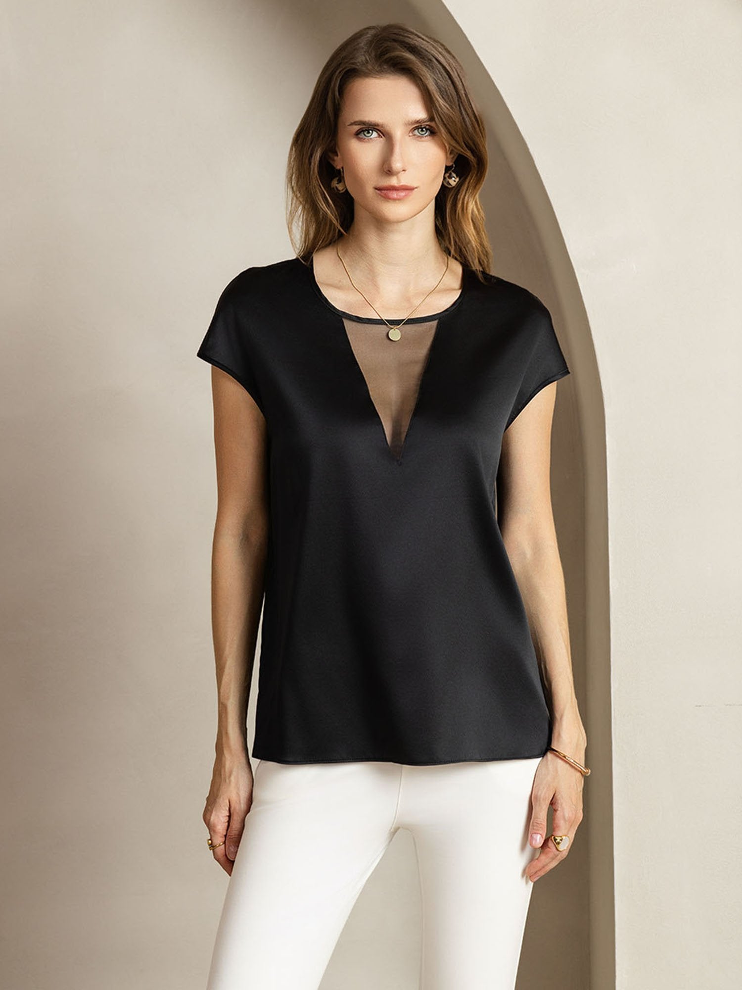 [Black] SilkSilky-AU 19Momme Silk Halter Neck Women's T-Shirt 001