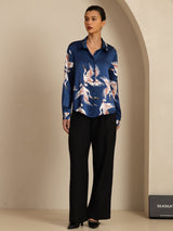 [Dark Blue] SilkSilky-AU 19Momme Long Sleeve Lapel Collar Women's Shirt 008