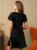 SilkSilky AU Pure Silk Short Sleeve Sweetheart Neck Nightgown Black 002