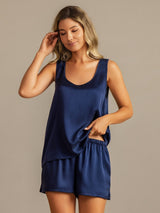 [Dark Blue] SilkSilky-AU 19Momme Machine-Washable Silk Sleeveless Scoop Neck Women's Pyjamas 007