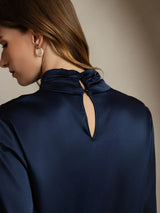 [Dark Blue] SilkSilky-AU 19Momme Silk Keyhole Neck Women's Shirt 004