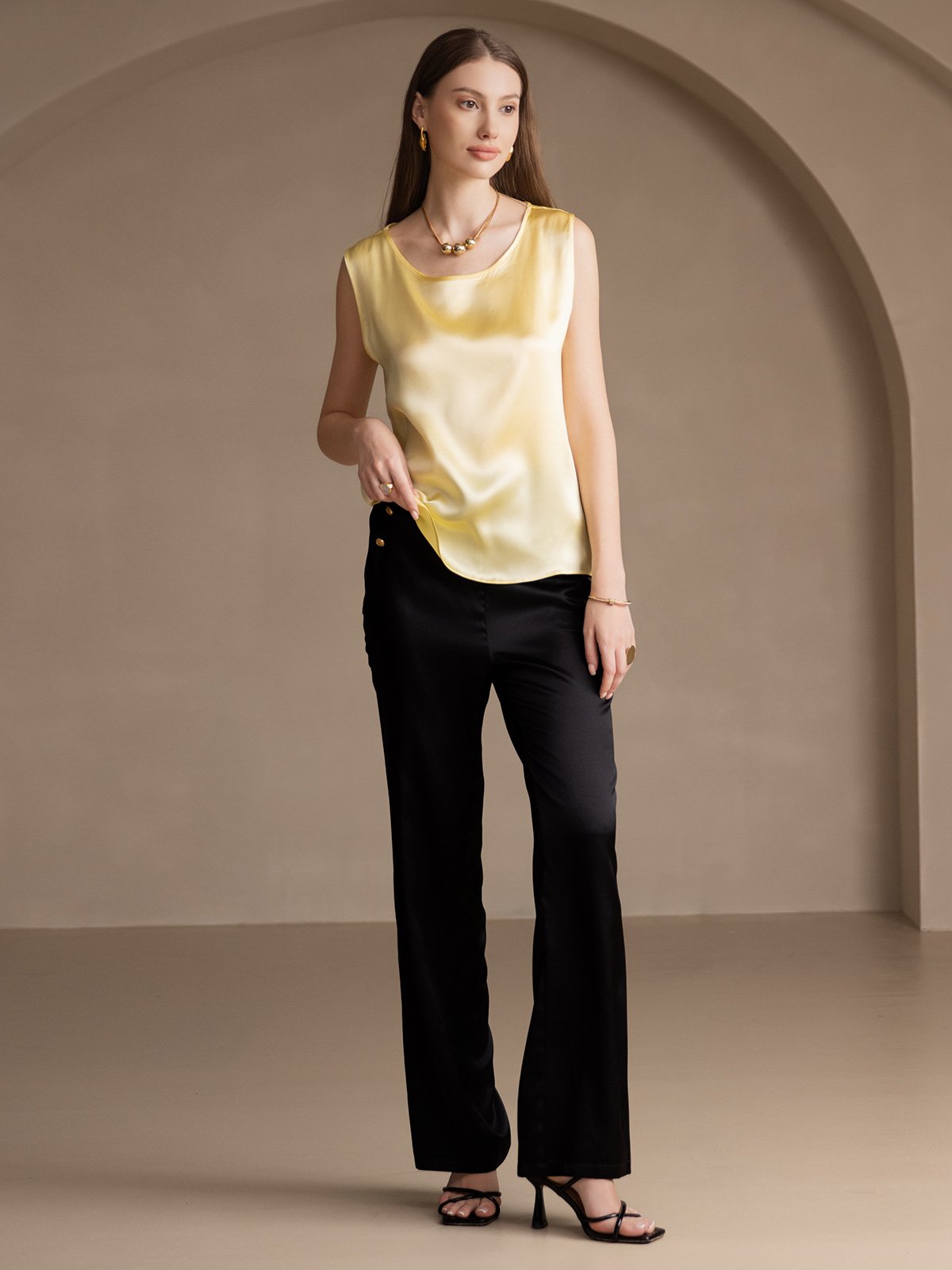 [Light Yellow] SilkSilky-AU 19Momme Silk Round Neck Camisole 006