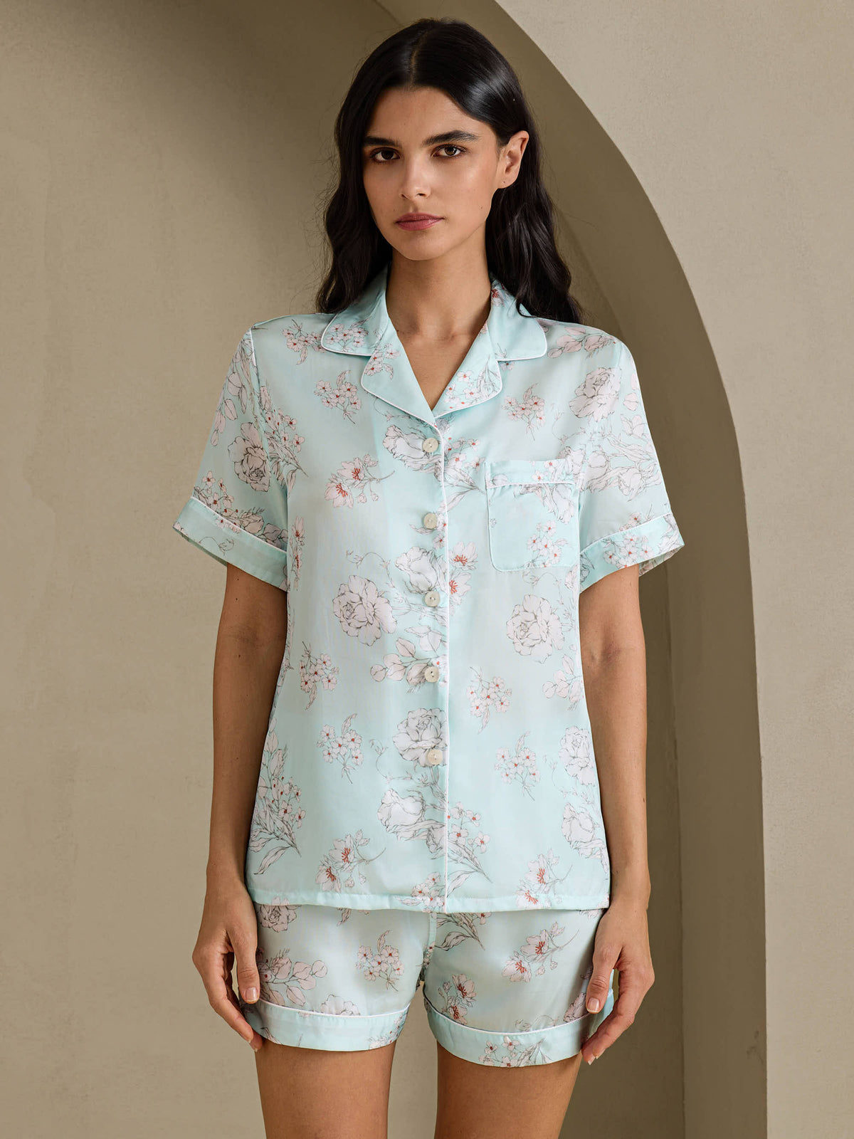 [Sky Floral] SilkSilky-AU Short Sleeve Notch Collar Women's Pyjamas 001