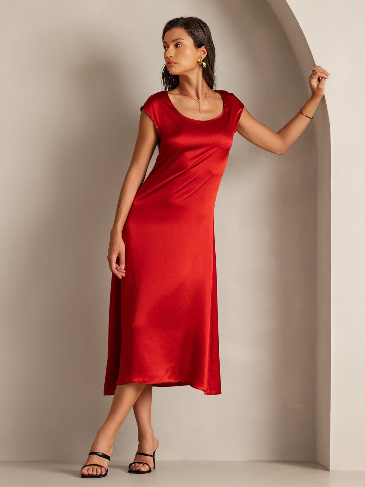 [Wine] SilkSilky-AU 19Momme Silk Sleeveless Round Neck Dress 004