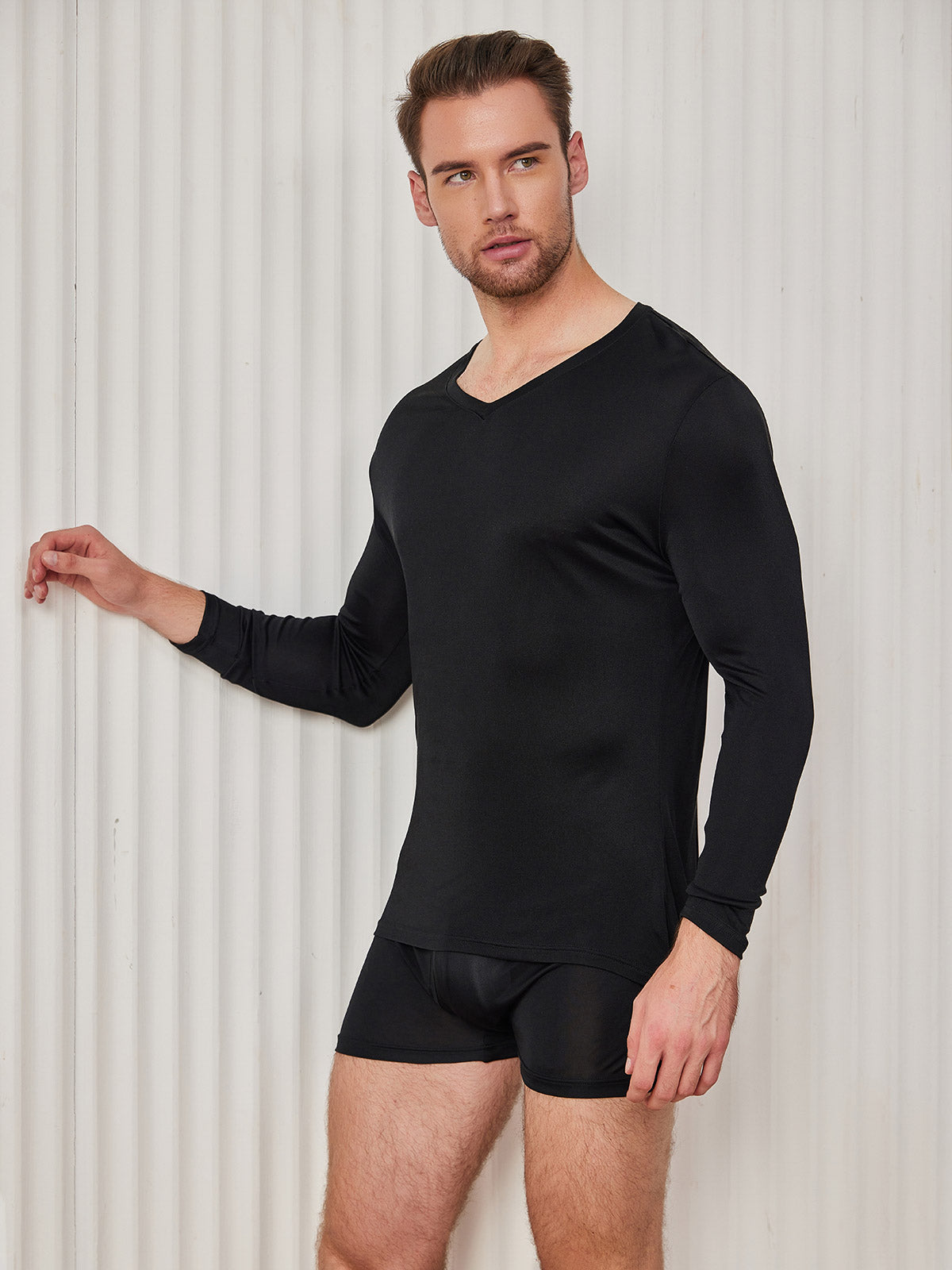 SilkSilky AU Silk Knitted Long Sleeve V Neck Men's T Shirt Black 001