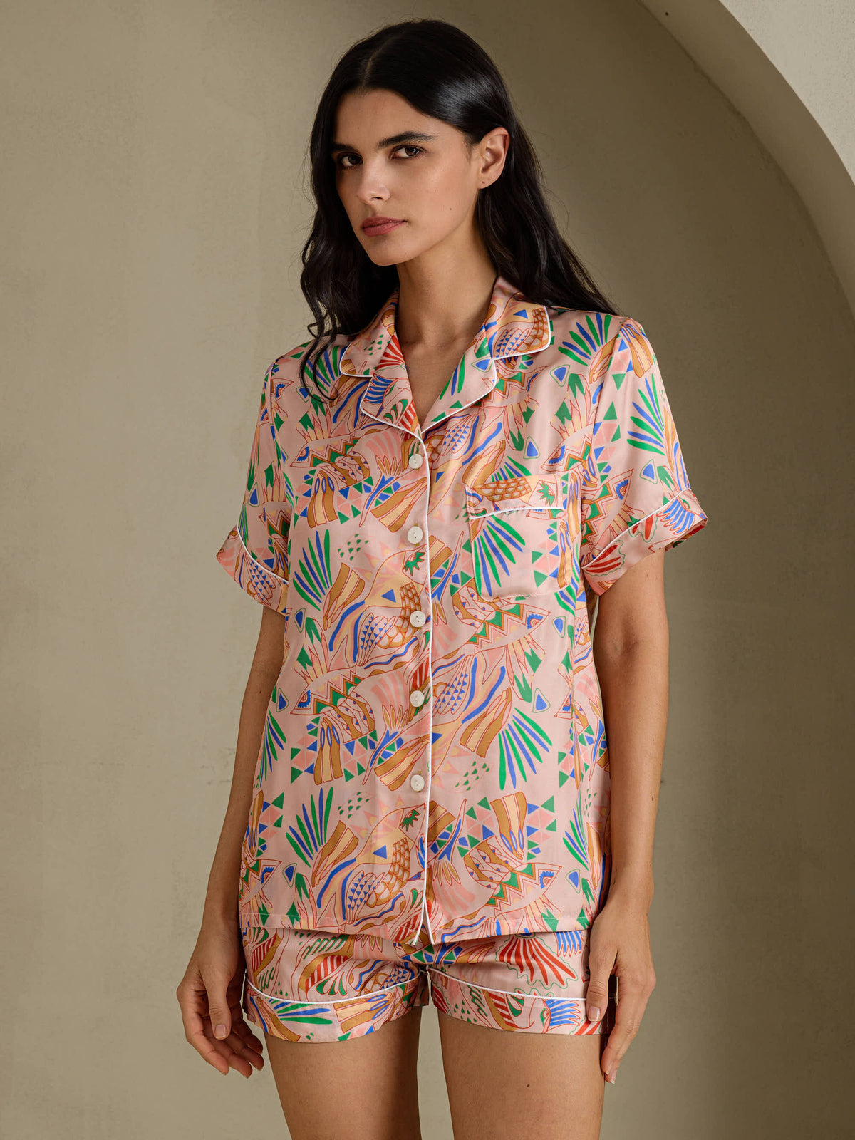 [Pink Fauna] SilkSilky-AU Short Sleeve Notch Collar Women's Pyjamas 001