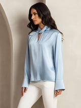 [Grayish Blue] SilkSilky-AU 19Momme Silk Keyhole Neck Women's Shirt 002