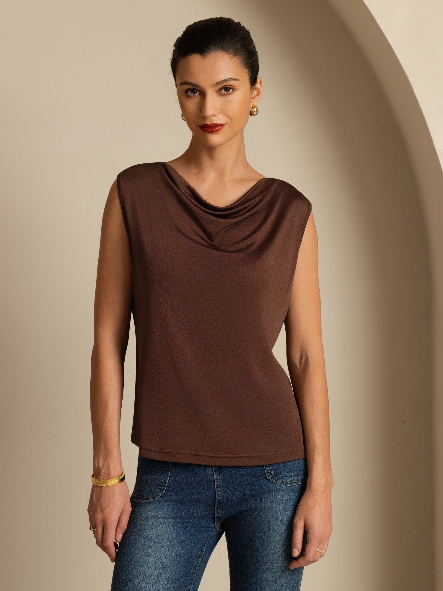 [Coffee] SilkSilky-AU 100% Silk Jersey Sleeveless Cowl Neck Women's T-Shirt 003