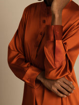 [Caramel] SilkSilky-AU 19Momme Stretch Silk Charmeuse Long Sleeve Stand Collar Blouse 005