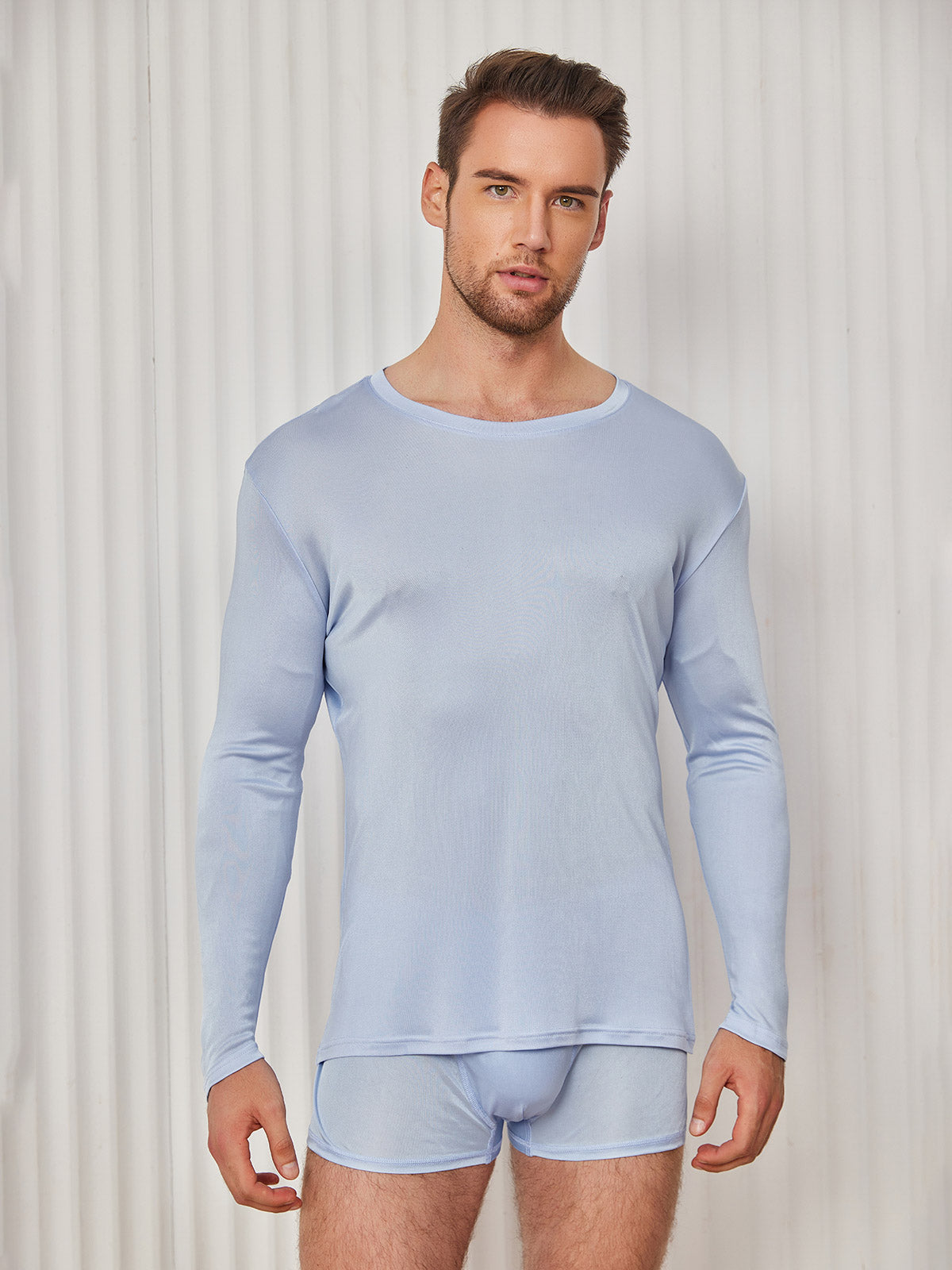 SilkSilky AU Silk Knitted Long Sleeve Round Neck Men's T Shirt LightBlue 001