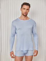[Light Blue] SilkSilky-AU 100% Silk Jersey Long Sleeve Round Neck Men's T-Shirt 001