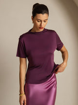 [Purple] SilkSilky-AU 100% Silk Jersey Short Sleeve Mock Neck Women's T-Shirt 006