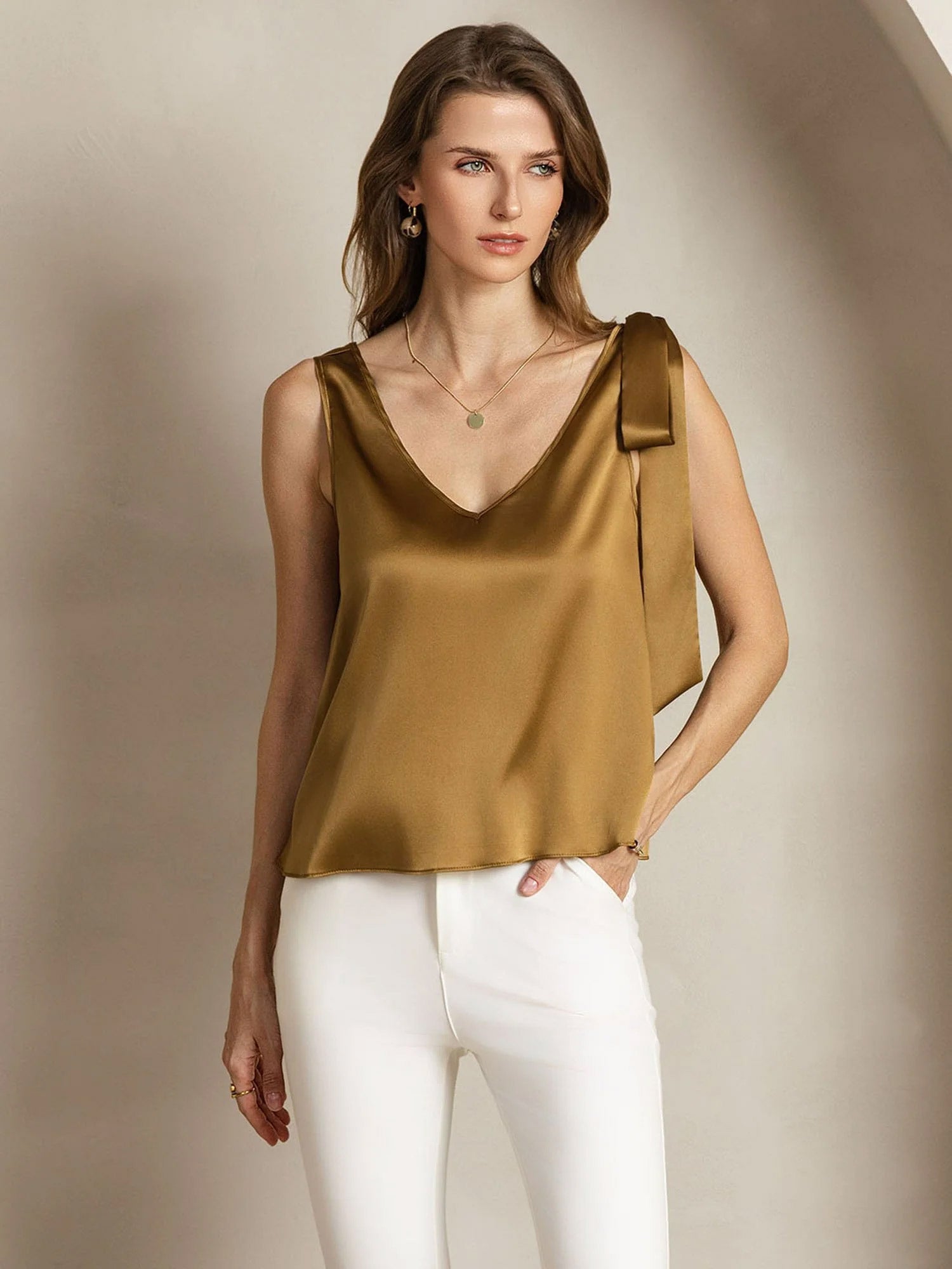 [Bronze] SilkSilky-AU 19Momme Silk V Neck Women's T-Shirt 006